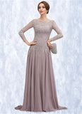 Taylor A-Line Scoop Neck Sweep Train Chiffon Lace Mother of the Bride Dress With Sequins STI126P0014819