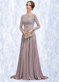 Taylor A-Line Scoop Neck Sweep Train Chiffon Lace Mother of the Bride Dress With Sequins STI126P0014819