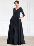 Monique A-Line V-neck Floor-Length Satin Lace Mother of the Bride Dress With Sequins Bow(s) Pockets STI126P0014820