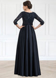 Monique A-Line V-neck Floor-Length Satin Lace Mother of the Bride Dress With Sequins Bow(s) Pockets STI126P0014820