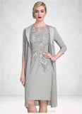 Lynn Sheath/Column Scoop Neck Knee-Length Chiffon Lace Mother of the Bride Dress With Ruffle Beading STI126P0014821