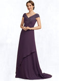 Rachael A-Line V-neck Sweep Train Chiffon Lace Mother of the Bride Dress With Ruffle Beading STI126P0014824