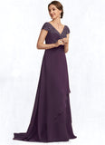 Rachael A-Line V-neck Sweep Train Chiffon Lace Mother of the Bride Dress With Ruffle Beading STI126P0014824