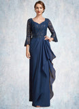 Mattie A-Line V-neck Floor-Length Chiffon Lace Mother of the Bride Dress With Sequins Cascading Ruffles STI126P0014825