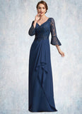 Mattie A-Line V-neck Floor-Length Chiffon Lace Mother of the Bride Dress With Sequins Cascading Ruffles STI126P0014825