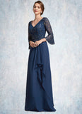 Mattie A-Line V-neck Floor-Length Chiffon Lace Mother of the Bride Dress With Sequins Cascading Ruffles STI126P0014825