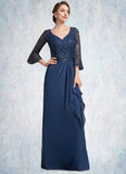 Mattie A-Line V-neck Floor-Length Chiffon Lace Mother of the Bride Dress With Sequins Cascading Ruffles STI126P0014825