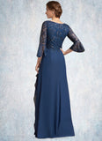 Mattie A-Line V-neck Floor-Length Chiffon Lace Mother of the Bride Dress With Sequins Cascading Ruffles STI126P0014825