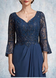 Mattie A-Line V-neck Floor-Length Chiffon Lace Mother of the Bride Dress With Sequins Cascading Ruffles STI126P0014825