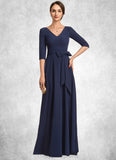 Zara A-Line V-neck Floor-Length Stretch Crepe Mother of the Bride Dress With Bow(s) STI126P0014831