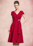 Jaiden A-Line V-neck Knee-Length Chiffon Mother of the Bride Dress With Beading Sequins Cascading Ruffles STI126P0014835