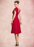 Jaiden A-Line V-neck Knee-Length Chiffon Mother of the Bride Dress With Beading Sequins Cascading Ruffles STI126P0014835