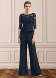 Addison Jumpsuit/Pantsuit Scoop Neck Floor-Length Chiffon Lace Mother of the Bride Dress With Beading STI126P0014836