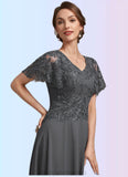 Jocelynn A-Line V-neck Ankle-Length Chiffon Lace Mother of the Bride Dress With Sequins STI126P0014838