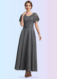 Jocelynn A-Line V-neck Ankle-Length Chiffon Lace Mother of the Bride Dress With Sequins STI126P0014838