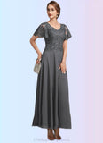 Jocelynn A-Line V-neck Ankle-Length Chiffon Lace Mother of the Bride Dress With Sequins STI126P0014838