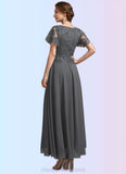 Jocelynn A-Line V-neck Ankle-Length Chiffon Lace Mother of the Bride Dress With Sequins STI126P0014838