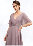 Brooklyn A-Line V-neck Asymmetrical Chiffon Mother of the Bride Dress With Ruffle Lace Beading STI126P0014839