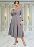 Eliza A-Line V-neck Tea-Length Stretch Crepe Mother of the Bride Dress STI126P0014844