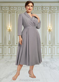 Eliza A-Line V-neck Tea-Length Stretch Crepe Mother of the Bride Dress STI126P0014844