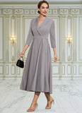 Eliza A-Line V-neck Tea-Length Stretch Crepe Mother of the Bride Dress STI126P0014844