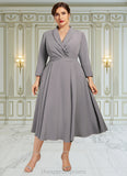 Eliza A-Line V-neck Tea-Length Stretch Crepe Mother of the Bride Dress STI126P0014844