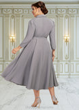 Eliza A-Line V-neck Tea-Length Stretch Crepe Mother of the Bride Dress STI126P0014844