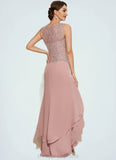 Dania A-Line Scoop Neck Asymmetrical Chiffon Lace Mother of the Bride Dress With Cascading Ruffles STI126P0014845