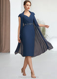 Thea Sheath/Column V-neck Knee-Length Chiffon Mother of the Bride Dress With Ruffle Beading Sequins STI126P0014847