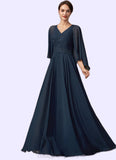 Eliana A-Line V-neck Floor-Length Chiffon Lace Mother of the Bride Dress With Beading Sequins STI126P0014849