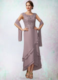 Sanai A-Line Scoop Neck Asymmetrical Chiffon Lace Mother of the Bride Dress With Cascading Ruffles STI126P0014850