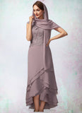 Sanai A-Line Scoop Neck Asymmetrical Chiffon Lace Mother of the Bride Dress With Cascading Ruffles STI126P0014850