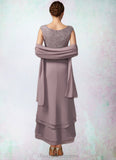 Sanai A-Line Scoop Neck Asymmetrical Chiffon Lace Mother of the Bride Dress With Cascading Ruffles STI126P0014850