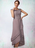 Sanai A-Line Scoop Neck Asymmetrical Chiffon Lace Mother of the Bride Dress With Cascading Ruffles STI126P0014850