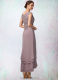 Sanai A-Line Scoop Neck Asymmetrical Chiffon Lace Mother of the Bride Dress With Cascading Ruffles STI126P0014850