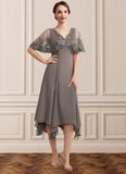 Areli A-Line V-neck Tea-Length Chiffon Lace Mother of the Bride Dress With Beading Sequins STI126P0014852