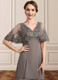 Areli A-Line V-neck Tea-Length Chiffon Lace Mother of the Bride Dress With Beading Sequins STI126P0014852