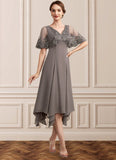 Areli A-Line V-neck Tea-Length Chiffon Lace Mother of the Bride Dress With Beading Sequins STI126P0014852