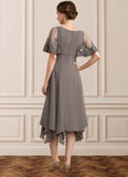 Areli A-Line V-neck Tea-Length Chiffon Lace Mother of the Bride Dress With Beading Sequins STI126P0014852