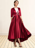 Kelsey A-Line Scoop Neck Asymmetrical Satin Lace Mother of the Bride Dress With Ruffle Sequins Pockets STI126P0014853