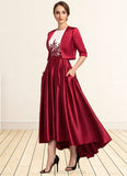 Kelsey A-Line Scoop Neck Asymmetrical Satin Lace Mother of the Bride Dress With Ruffle Sequins Pockets STI126P0014853