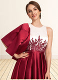 Kelsey A-Line Scoop Neck Asymmetrical Satin Lace Mother of the Bride Dress With Ruffle Sequins Pockets STI126P0014853