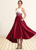 Kelsey A-Line Scoop Neck Asymmetrical Satin Lace Mother of the Bride Dress With Ruffle Sequins Pockets STI126P0014853