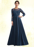 Elvira A-Line Scoop Neck Floor-Length Satin Lace Mother of the Bride Dress With Beading STI126P0014858