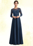 Elvira A-Line Scoop Neck Floor-Length Satin Lace Mother of the Bride Dress With Beading STI126P0014858