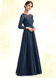 Elvira A-Line Scoop Neck Floor-Length Satin Lace Mother of the Bride Dress With Beading STI126P0014858