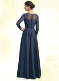 Elvira A-Line Scoop Neck Floor-Length Satin Lace Mother of the Bride Dress With Beading STI126P0014858