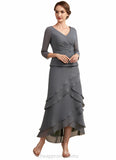 Olive A-Line V-neck Asymmetrical Chiffon Lace Mother of the Bride Dress With Ruffle Beading Sequins STI126P0014860