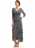 Olive A-Line V-neck Asymmetrical Chiffon Lace Mother of the Bride Dress With Ruffle Beading Sequins STI126P0014860