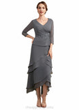 Olive A-Line V-neck Asymmetrical Chiffon Lace Mother of the Bride Dress With Ruffle Beading Sequins STI126P0014860